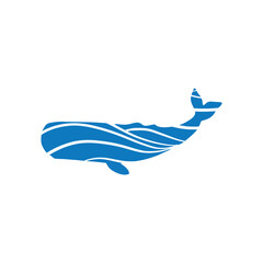 Whale vector logo with blue waves