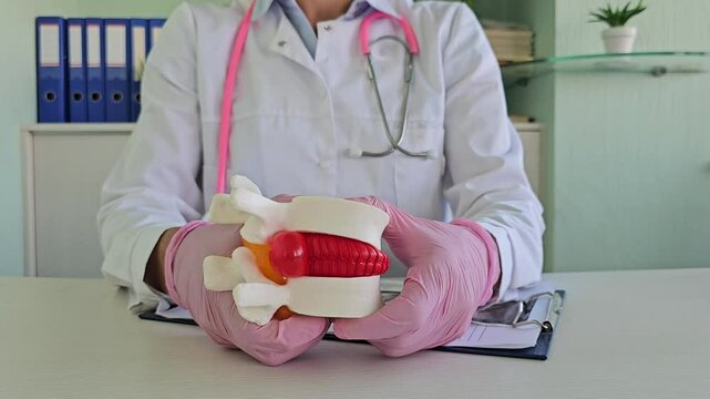 close-up of a mock-up of an intervertebral hernia on the spine