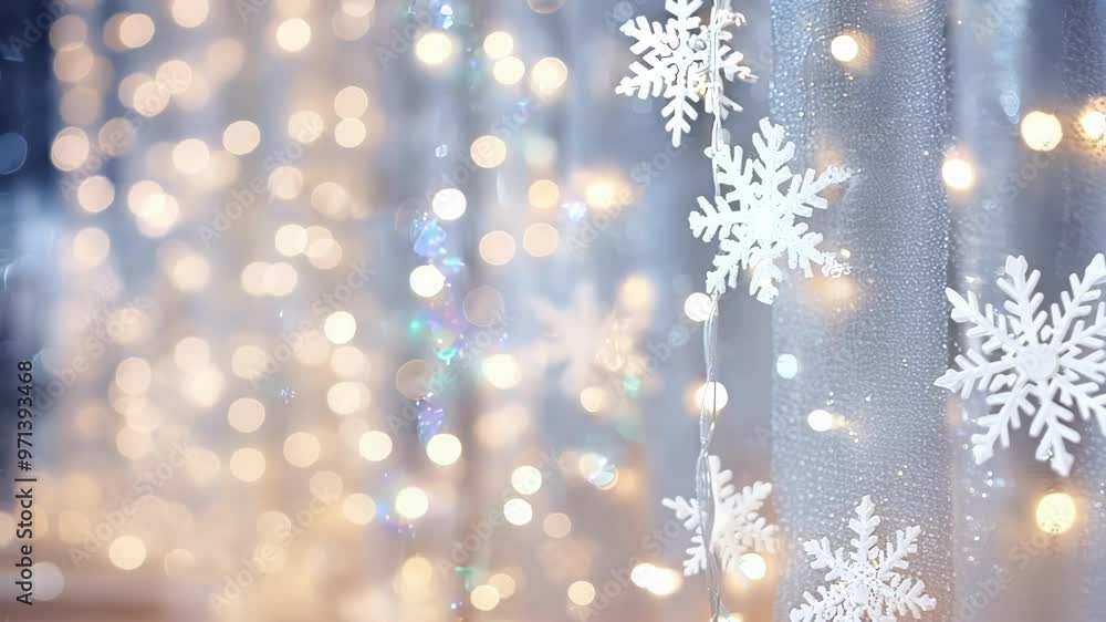 Aufkleber string of lights with snowflake decorations is hanging in front of a backdrop of defocused christmas