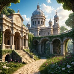 A stunning architectural palace set in a lush, vibrant garden. The grand building features domes and arches, evoking a sense of history and elegance. Surrounded by greenery and blooming flowers, it