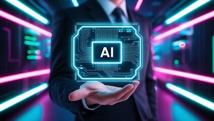 AI circuit board icon in PCB design hovers above a businessman's hand, cyberpunk neon lighting, showcasing advancements in technology & machine learning. Made with generative AI technology