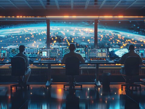 Space Agency Mission Control Room with Scientists and Engineers Monitoring Space