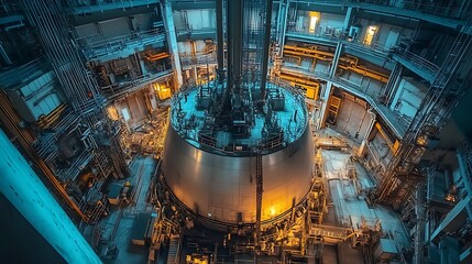 Close-up of nuclear reactor dome with control rods and cooling systems in place, showing complex piping and safety equipment