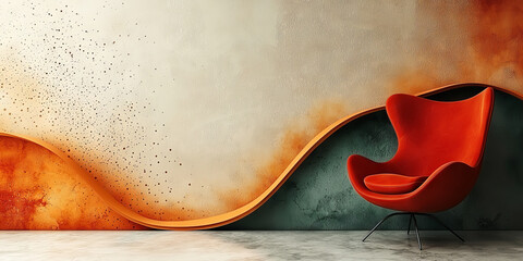 Red chair against a textured wall.