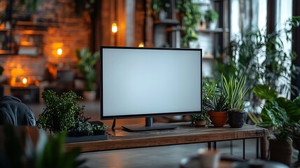Fototapeta premium A blank computer monitor on a wooden table in a home office with plants in the background.