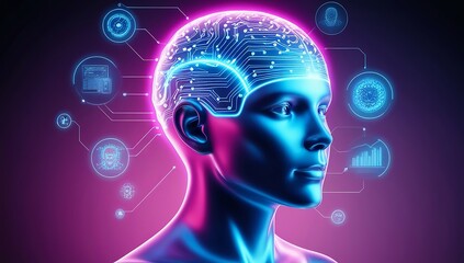 AI-powered humanoid head with neural networks processes data, artificial intelligence deciphers large data sets. Cyber mind technology background concept. Made with generative AI technology