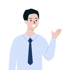 Smiling businessman introducing. Business Presentation, information guidance concept. Use for website, app. Flat vector character design illustration isolated on white background.
