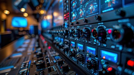 A highly intricate view of aircraft cockpit control panels illuminated by vibrant, colorful displays and buttons, showcasing the advanced technology and precision engineering in aviation
