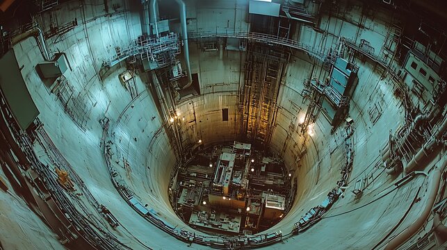High-angle view of nuclear reactor core during maintenance, with visible control rods and radiation shielding systems