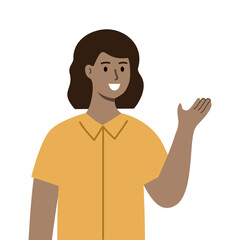 Smiling businesswoman introducing. Business Presentation, information guidance concept. Use for website, app. Flat vector character design illustration isolated on white background.