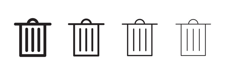 Delete garbage bin isolated black illustration set for User Interface button. Vector icons in flat style