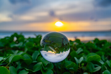 A mesmerizing beach sunset viewed through a crystal ball, capturing the warm hues of the sky and...