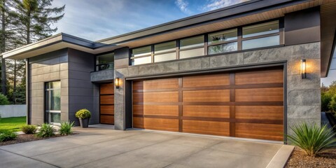 Luxury modern garage door with faux wood glass windows on dark grey house with concrete driveway