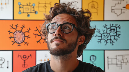 Male Scientist with Glasses Standing in Front of Colorful Brain Diagrams
