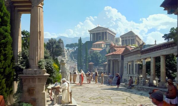 A painting of a city street with people walking and a man reading a book