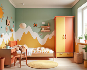 a bed in a bright children's bedroom