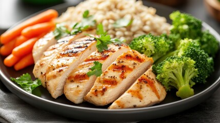 Nutritious Grilled Chicken Breast with Steamed Vegetables and Brown Rice on Plate