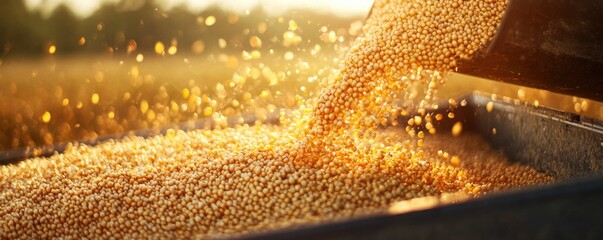 Harvester pouring freshly harvested corn seeds, farming concept banner panorama. Generative AI.