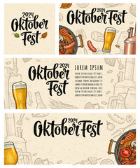 Oktoberfest 2024 calligraphic handwriting. Beer glass, barbecue grill, bottle, sausage, hop branch. Vintage color vector engraving illustration on beige