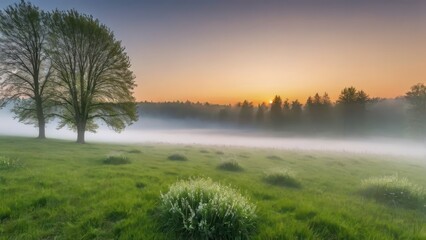 A serene sunrise over a misty landscape with trees and grassy fields.