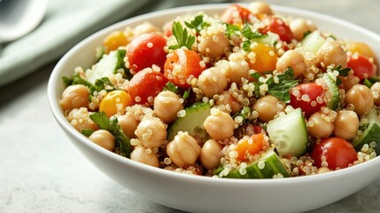 Fresh and Colorful Quinoa Salad with Chickpeas and Lemon-Tahini Dressing in White Bowl for Healthy Eating Concept