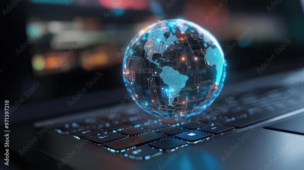 Poster globe with digital circuit patterns floating above an open laptop keyboard, symbol of global connect