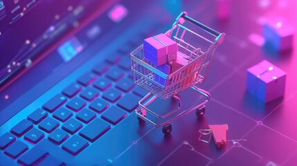 A miniature shopping cart filled with colorful boxes sits on a laptop keyboard, symbolizing online shopping and e-commerce.
