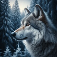 Fototapeta premium A close up of a wolf can be seen against a snowy forest background