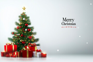 Festive Christmas background featuring a 3D tree adorned with gifts and a cheerful Merry Christmas message for holiday celebrations