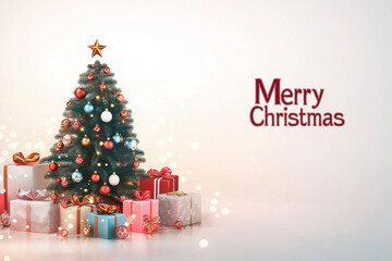 Fototapeta premium Festive Christmas background featuring a 3D tree adorned with gifts and a cheerful Merry Christmas message for holiday celebrations