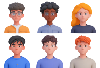 Six diverse 3D cartoon avatars with distinct features and colorful clothing are neatly arranged in two rows against a plain background.