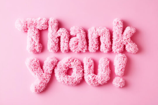 Fun and fuzzy pink text spelling 'Thank You!' on a plain pink background. Playful, warm, and inviting for various occasions and messages.
