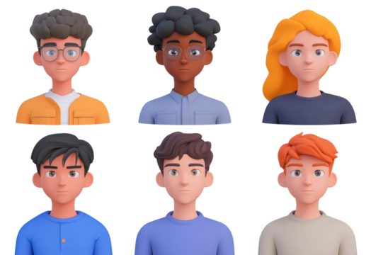 Six diverse 3D cartoon avatars with distinct features and colorful clothing are neatly arranged in two rows against a plain background.