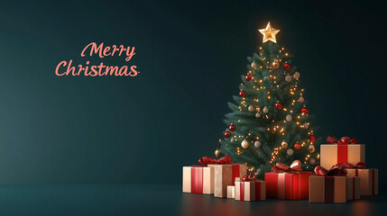 Festive Christmas background featuring a 3D tree adorned with gifts and a cheerful Merry Christmas message for holiday celebrations