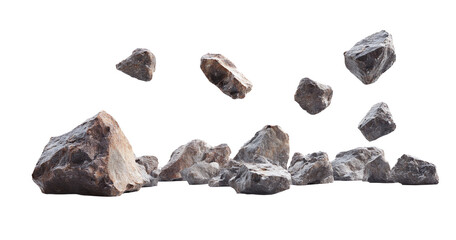 Naklejka premium A group of rocks, some floating in mid-air, on a white background.