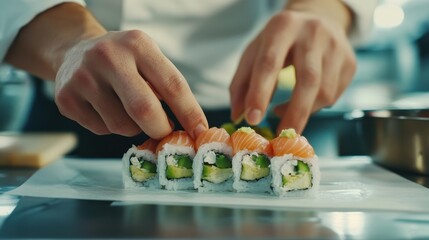 Skilled Chef Crafting Delicious Sushi Roll with Fresh Fish, Avocado, and Rice in Professional Japanese Kitchen