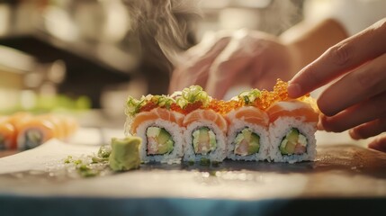 Masterful Chef Creating Delicious Sushi Roll with Fresh Ingredients in Professional Kitchen