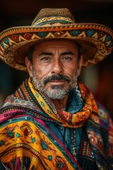 Fototapeta premium An elderly man with a kind expression wears a richly detailed traditional hat and vividly patterned shawl adorned with cultural designs in an outdoor setting