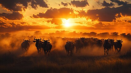 Naklejka premium Wildebeests running through the savannah at sunset