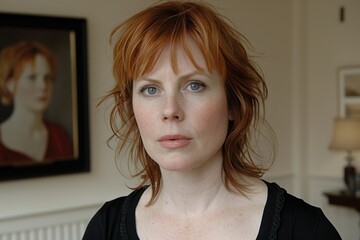 A high-quality portrait of a woman with red hair standing indoors, with a framed picture of herself in the background, displaying a thoughtful expression