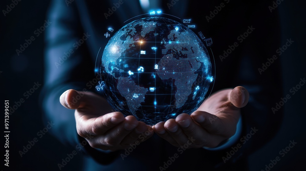 Poster businessman hand holding virtual globe with digital online network of global connection