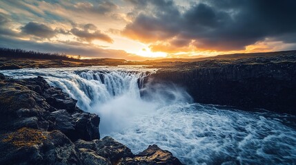 Obraz premium Waterfall crashing over rocks in a serene landscape