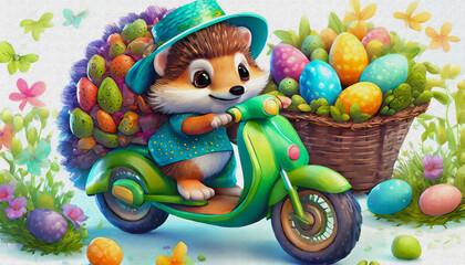 Obraz premium oil painting style CARTOON CHARACTER illustration CUTE baby hedgehog ride Stylish green cross motorcycle isolated