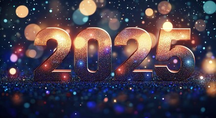 
3D text "2025" with glitter and bokeh lights on a dark background, a New Year concept banner design. 
