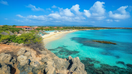Obraz premium Eagle Beach, Aruba, the most beautiful view, beautiful sky, clear sea, beautiful clouds, good weather.
