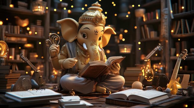 Ganesha in a 3D cartoon style, surrounded by books and musical instruments, symbolizing knowledge and creativity. No people.