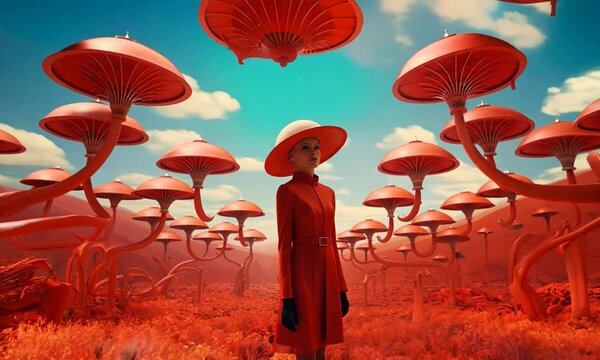 A woman stands in a field of red mushrooms