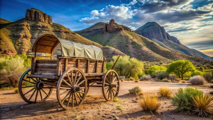 Fototapeta premium Rustic remains of wagon bed and wheel in Paradise Valley, showcasing bygone era relics