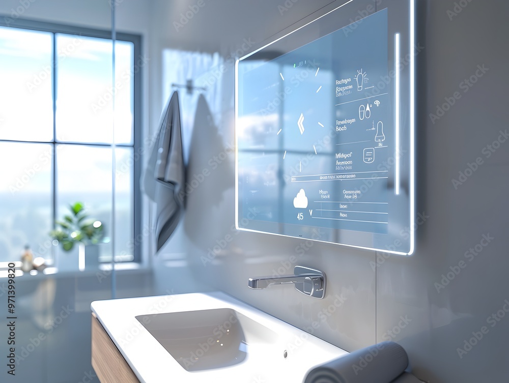 Poster futuristic smart bathroom with touch screen mirror displaying weather and news merging daily routine