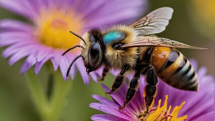 A close-up of a bee on vibrant purple flowers, showcasing nature's pollination process.